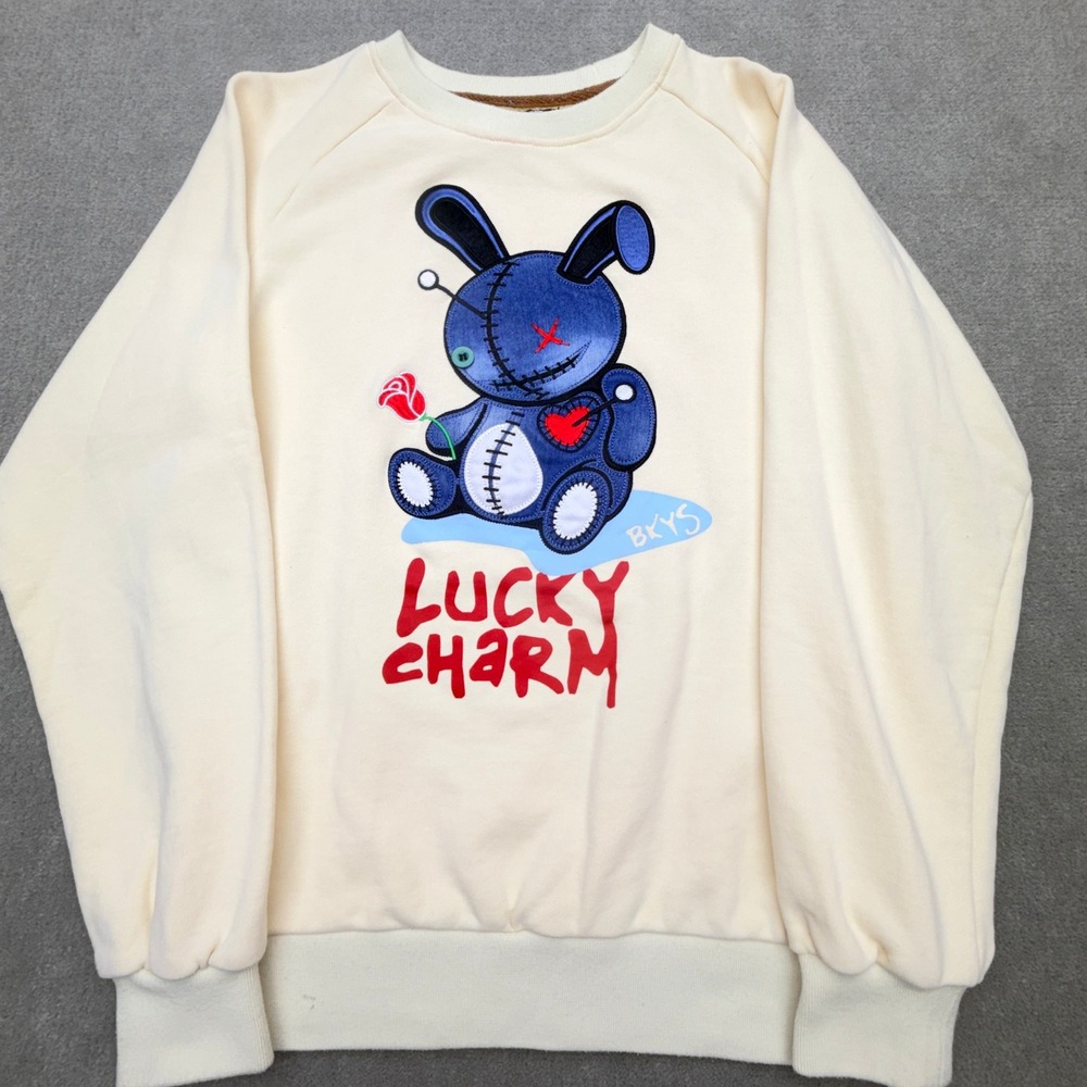 BKYS Lucky Charm Voodoo Style Bunny Sweatshirt Mens Small Denim Applique Cream